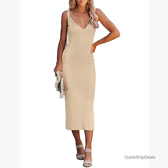 Viscose Polyamide Ribbed Knit Bodycon Midi Dress V Neck Sleeveless - Picture 2 of 7